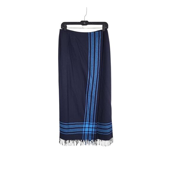 VTG Blanket Wrap Skirt Navy Stripe Size 8 Fringe Maxi 100% Wool Preppy Academia - Picture 1 of 16